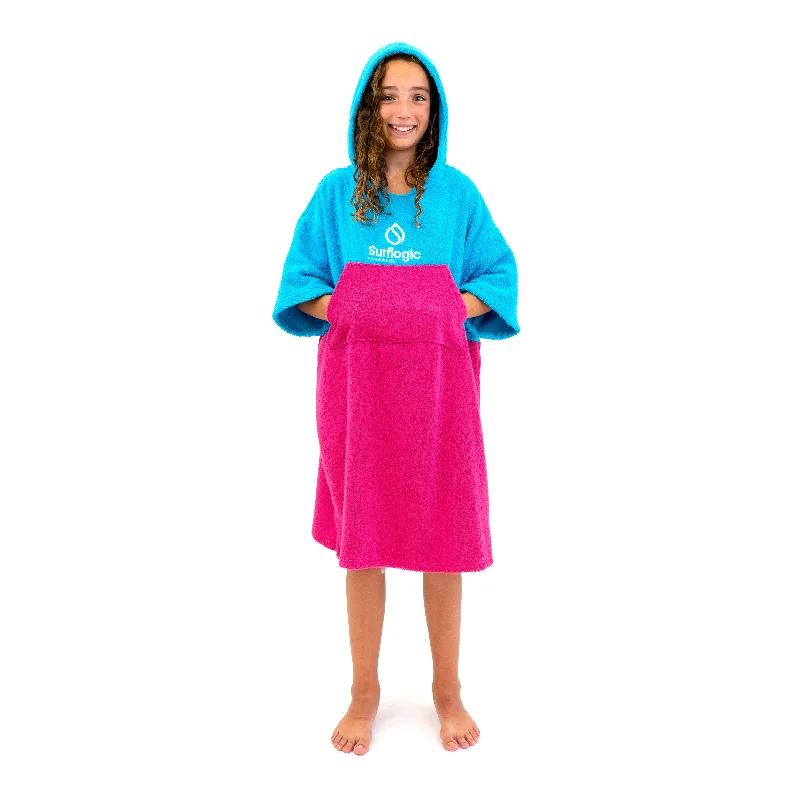 comfortable surf socks for long paddling-Surflogic Cyan Blue & Hot Pink Surf Poncho (Jr Size)