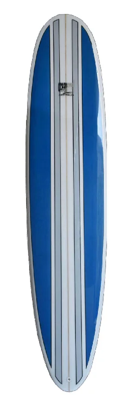 surfboards with wide noses for easy paddling-9'0 Wood Blue and white  Stripes Mini Malibu Surfboard - ONLY CLICK & COLLECT