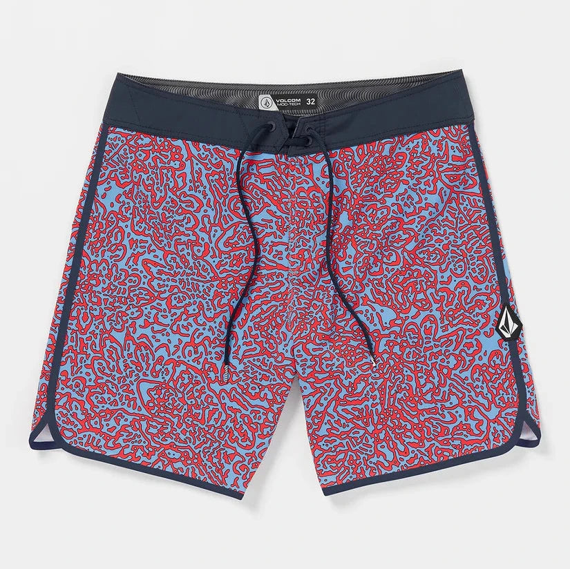 eco-friendly surf clothing-Volcom Lido Print Scallop Mens 19" Boardshorts - Flash Red