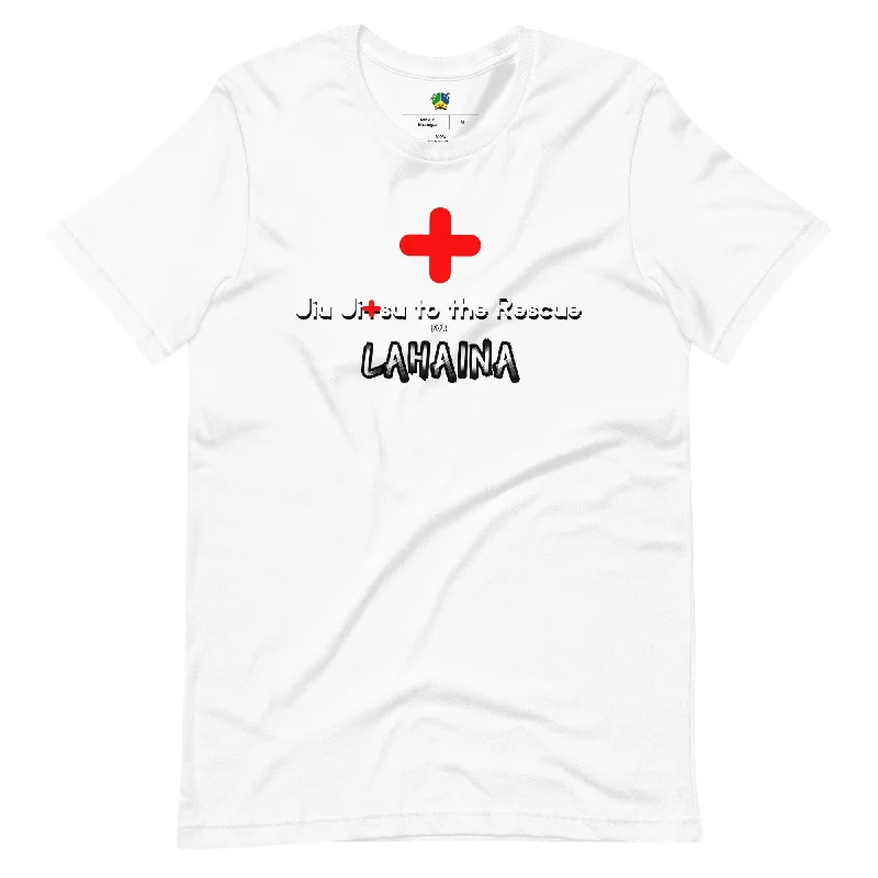 surf shoes for boardwalking-SSBJJ "Jiu-Jitsu to the Rescue for LAHAINA " Short-Sleeve T-Shirt (Made in USA)