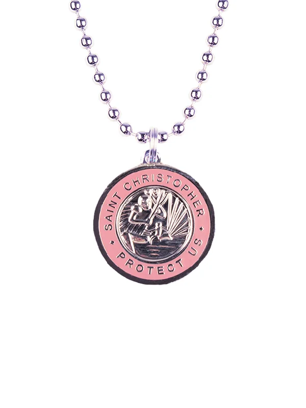 surf dresses for casual beach wear-St. Christopher Necklace - Silver/ Pink