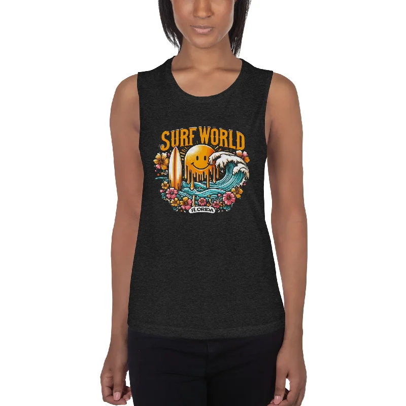 surf clothing with moisture-wicking technology-Surf World Drippy Sun Ladies Muscle Tank Top