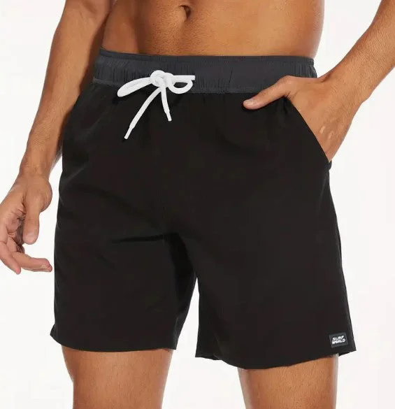 surf clothes for versatile use-Surf World Elastic Solid Swim / Surf Shorts - Black Grey