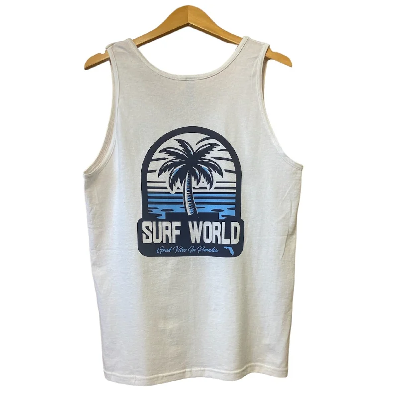 lightweight surfboard shirts-Surf World Palm Tree Vibes Tank Top - White